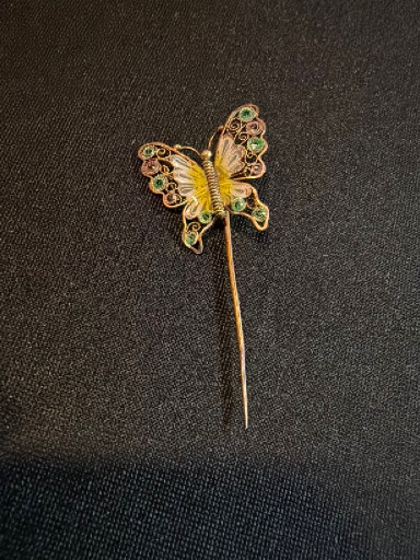 Plique-à-jour enamel and filigree butterfly stick pin