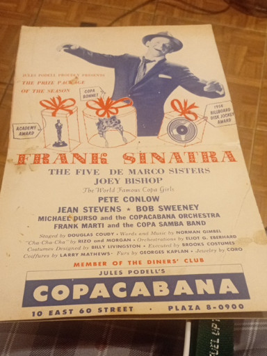 Vintage printed program for Frank Sinatra's performance at the Copacabana nightclub, circa 1955