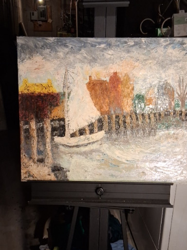 Oil painting on canvas depicting a winter street scene, possibly European or North American urban landscape, mid-20th century
