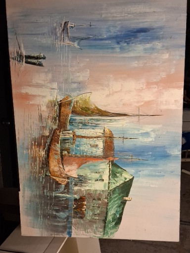 Oil painting depicting a coastal harbor scene with boats, signed 'Cooper'