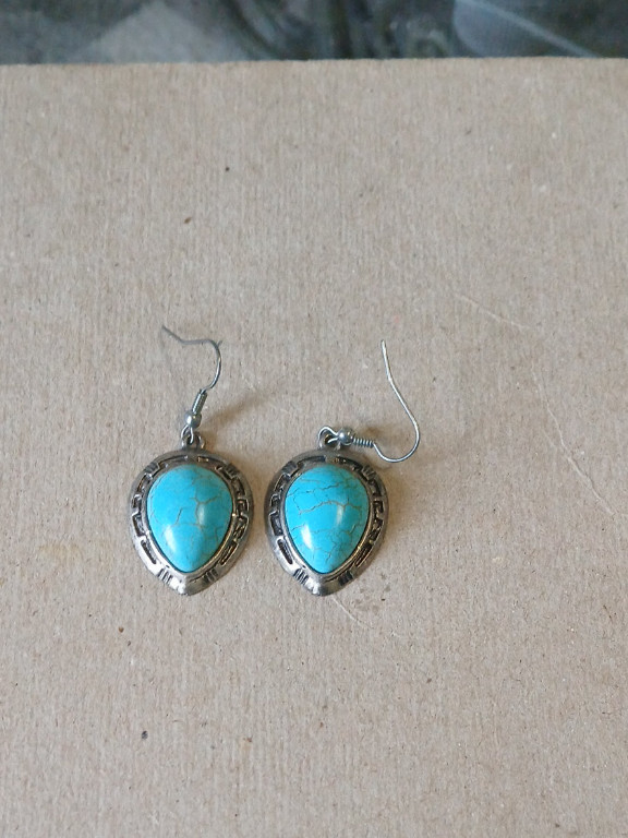 Sterling silver and turquoise teardrop dangle earrings with scroll border design