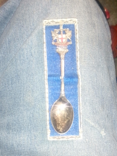 Silver-plated souvenir spoon with enamel crest featuring 'Domine Dirige Nos' (City of London coat of arms)