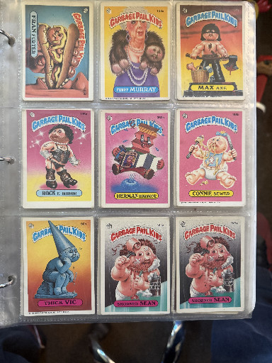 Collection of vintage Garbage Pail Kids trading cards by Topps, circa 1985-1987