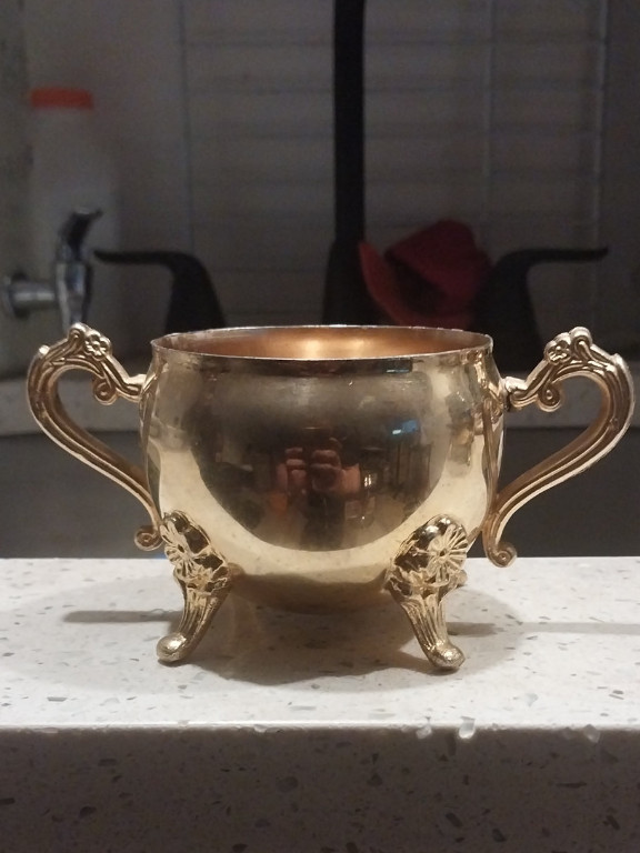Silver-plated sugar bowl with ornate handles and footed base