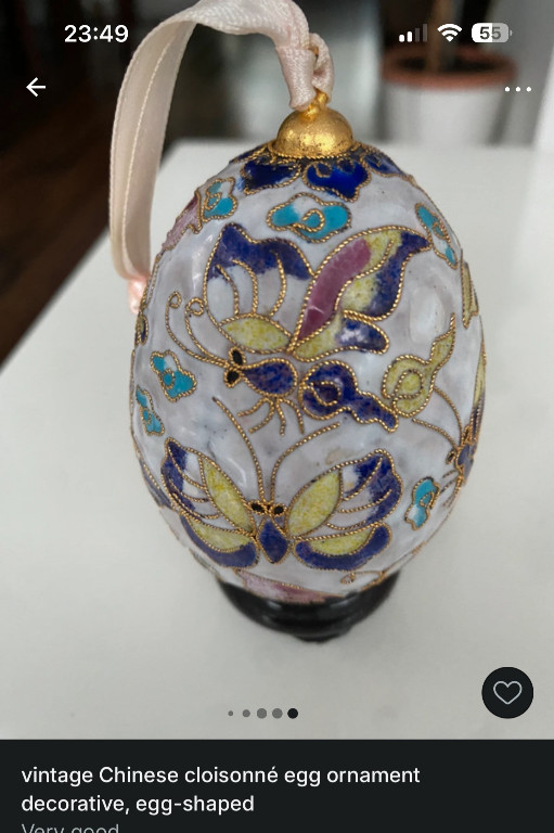 Chinese cloisonné enamel egg ornament with butterfly and floral motifs