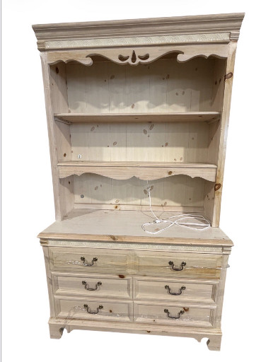 Painted wood hutch and dresser combination in distressed off-white finish