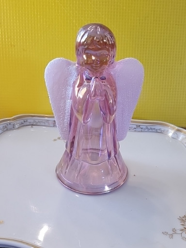 Pink iridescent carnival glass praying angel figurine by Fenton