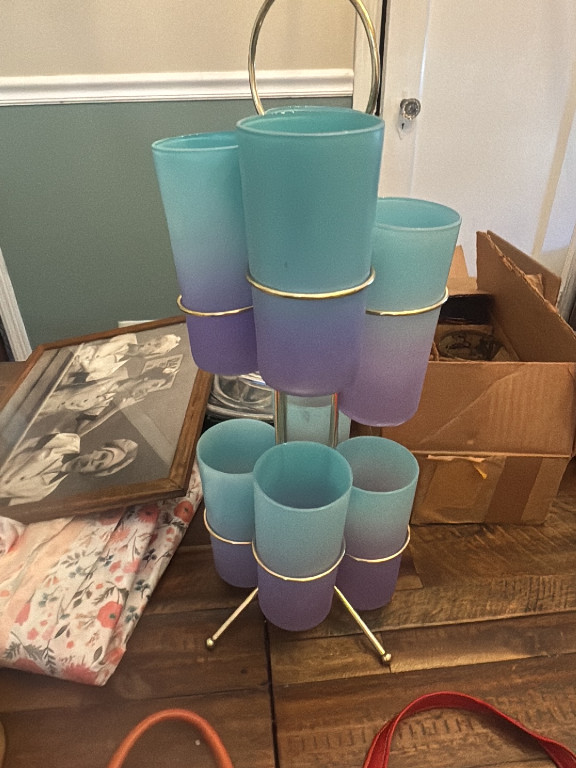 Mid-century modern tiered caddy organizer with turquoise and purple ombre glass or plastic tumblers