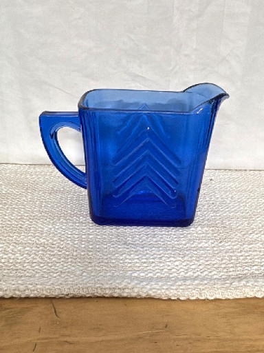 Cobalt blue glass creamer pitcher with chevron pattern by Hazel Atlas