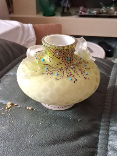 Bohemian art glass vase in pale yellow satin glass with enameled floral decoration and jeweled accents