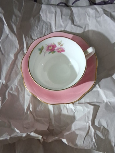 Bone china teacup and saucer set with pink border and floral decoration