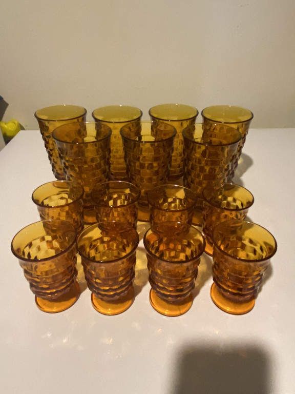 Amber glass tumblers from the Whitehall Cubist pattern by Indiana Glass