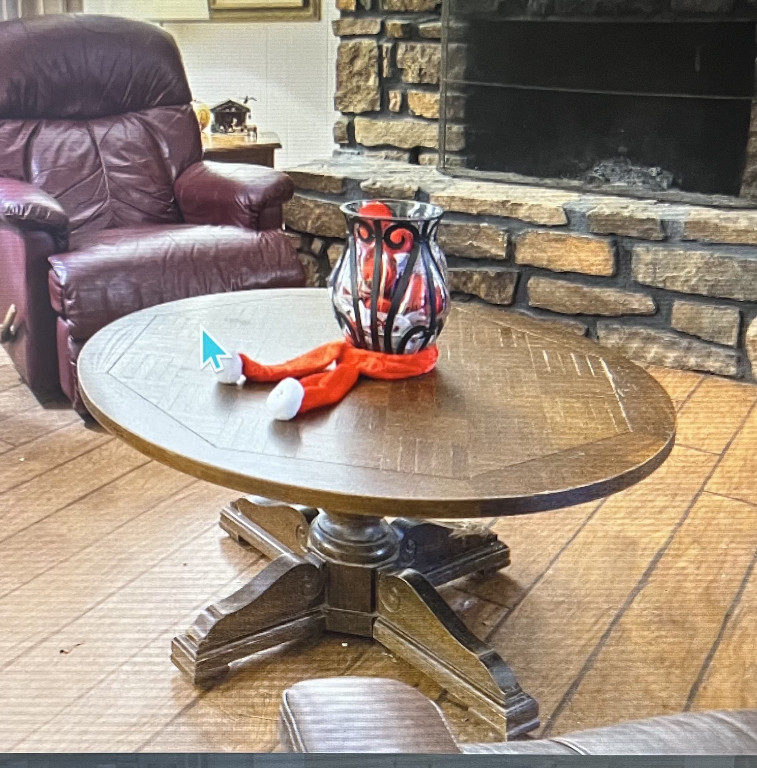 Oak wood adjustable height round pedestal table with parquet top by Ethan Allen