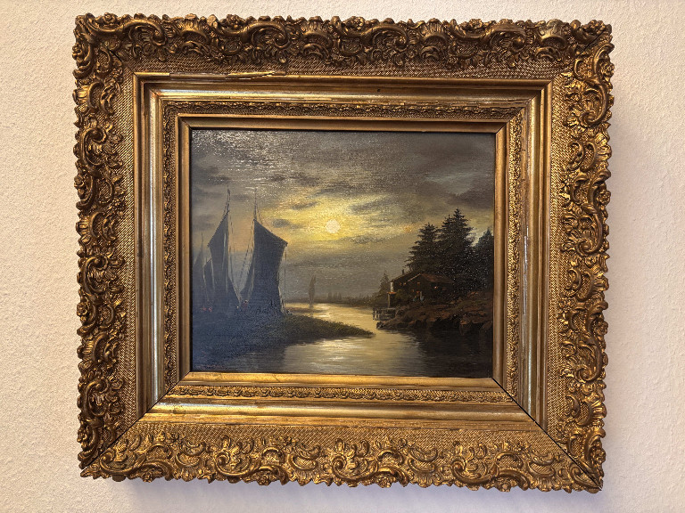 Ölgemälde auf Leinwand, maritime Küstenszene mit Segelboot bei Sonnenuntergang, Künstler unbekannt