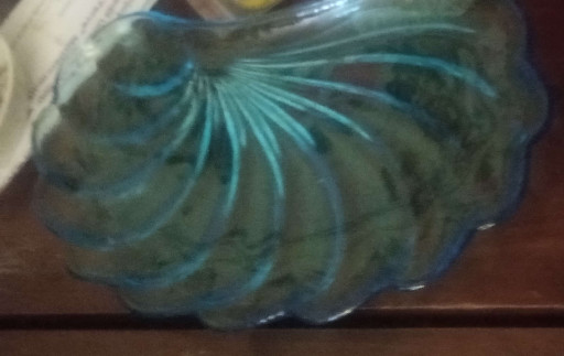 Pressed glass snack plate in 'Capri Blue' seashell pattern by Hazel Atlas