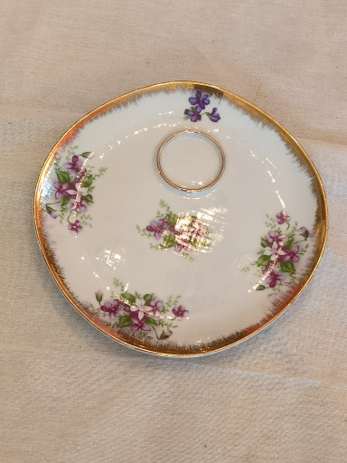 Set of four porcelain plates (8.5") with hand-painted violets and gold trim