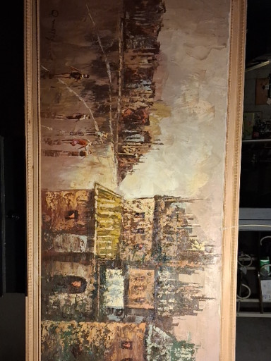 Oil painting depicting a European street scene with buildings and figures