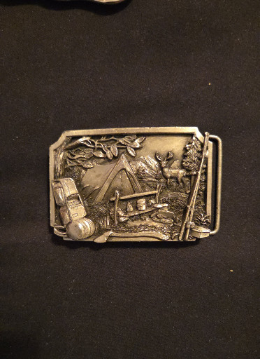 Pewter belt buckle titled 'Camping Scene' by Siskiyou