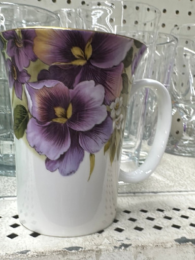 Bone china mug with purple pansy floral design by Grace's Teaware