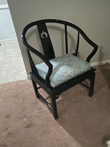 Black lacquered wood Ming-style horseshoe chair with upholstered seat by Century Furniture