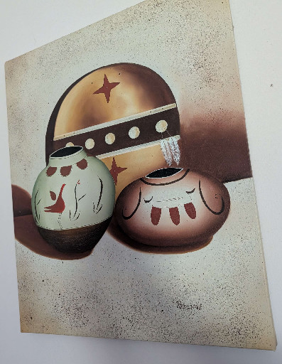 Southwestern-style painting titled 'Native American Pottery Still Life' by H. Coventry
