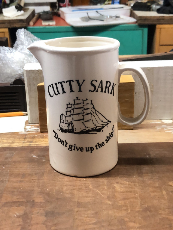 Ceramic pitcher for Cutty Sark Scots Whisky with 'Don't give up the ship' slogan
