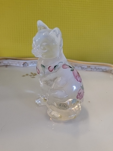 Opalescent glass cat figurine hand-painted with pink floral decoration by Fenton Art Glass