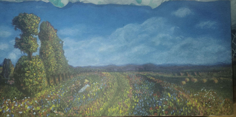 Oil painting of a landscape with flowering meadow and trees