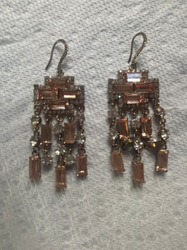 Chandelier earrings with smoky topaz and clear rhinestone crystals in gold-tone setting