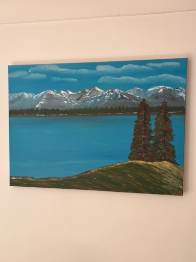 Acrylic landscape painting depicting a mountain lake scene with evergreen trees