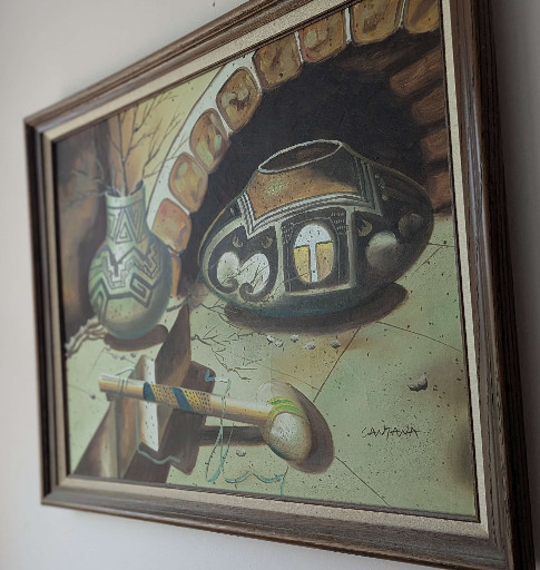 Oil painting on canvas titled 'Native American Pottery Still Life' by Santana