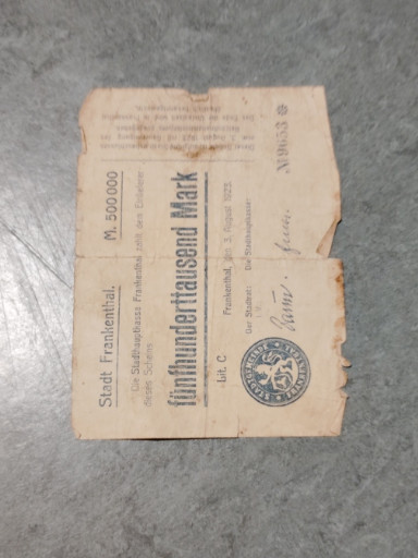 Notgeld-Banknote über 500.000 Mark, ausgegeben von der Stadt Marienberg, 1923