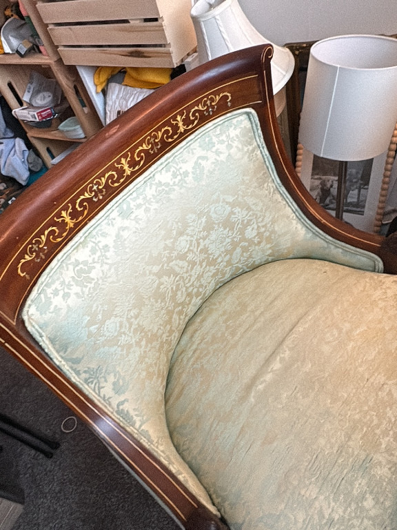 Mahogany Directoire-style armchair with gilt bronze inlay and floral brocade silk upholstery