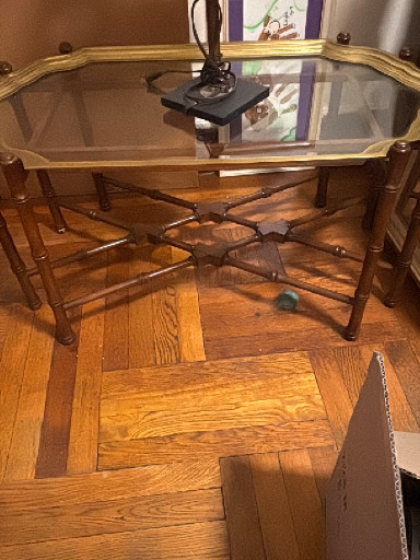 Faux bamboo wood and brass coffee table with glass top