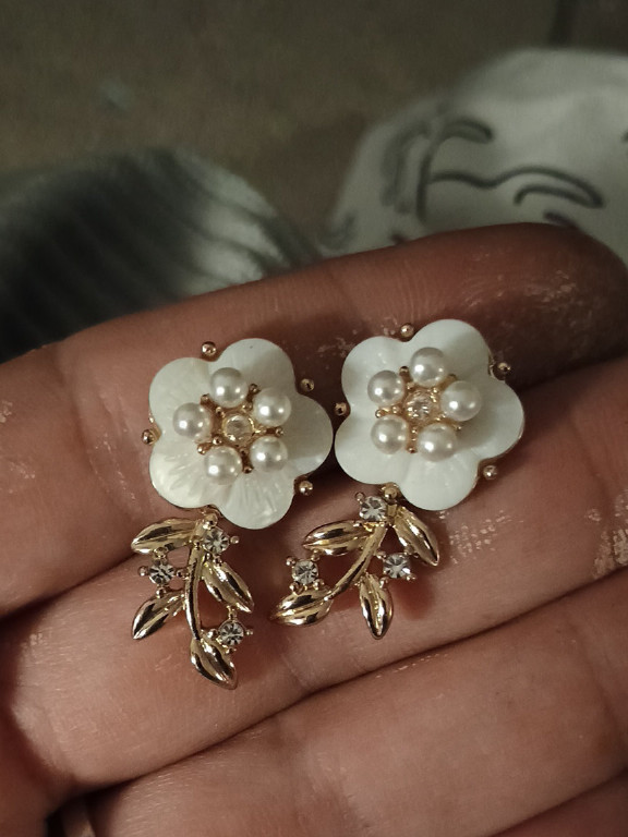 Mother-of-pearl flower earrings with pearl and rhinestone accents in gold-tone metal