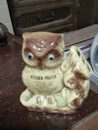 Ceramic owl figurine titled 'Kitchen Prayer' measuring spoon holder, made in Japan