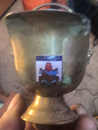 Brass miniature coal scuttle with enamel souvenir badge