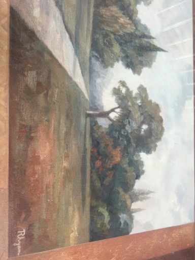 Oil painting on board depicting a rural landscape with buildings and trees, unsigned or signature unclear