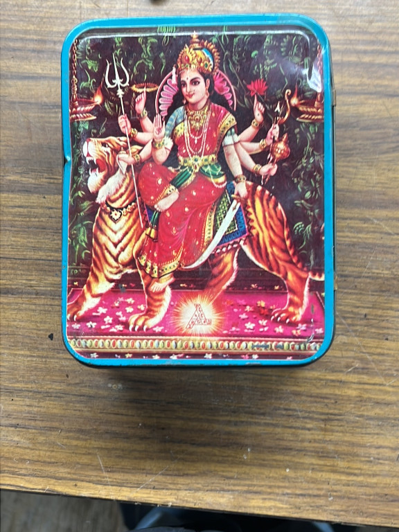 Vintage metal tin box with Hindu goddess Durga lithograph print