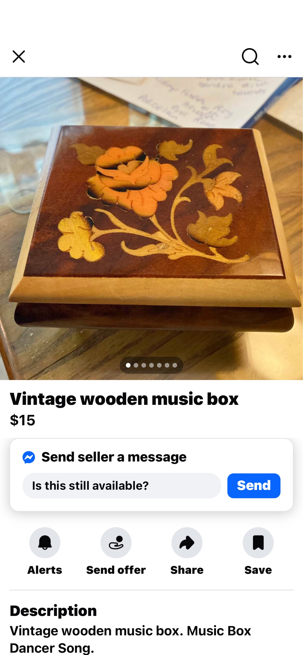 Wooden music box with floral marquetry inlay