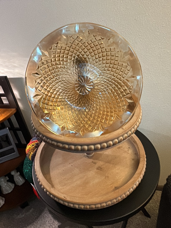 Amber pressed glass decorative bowl with wooden beaded base