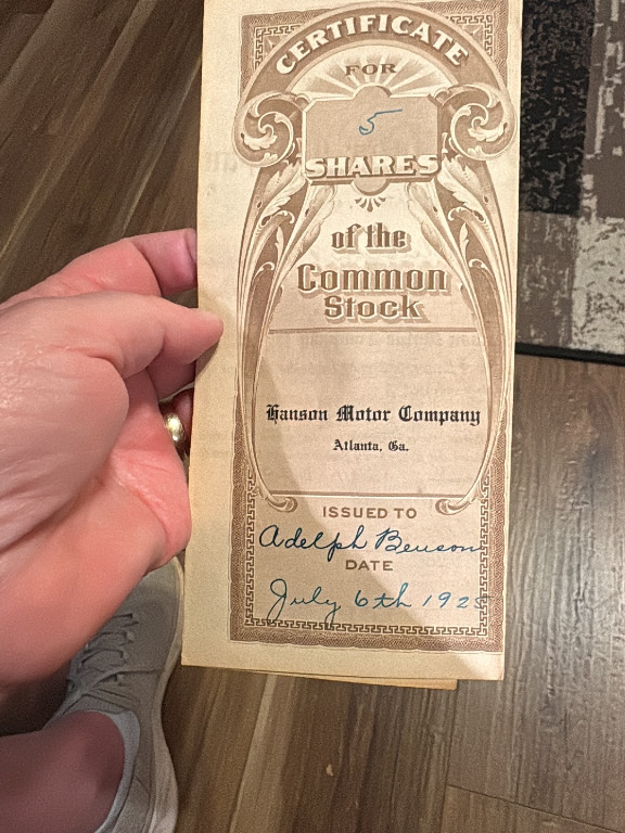 Stock certificate for 5 shares of common stock from Hanson Motor Company, Atlanta, Georgia