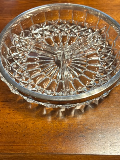 Cut crystal glass divided relish dish with silver-plated rim