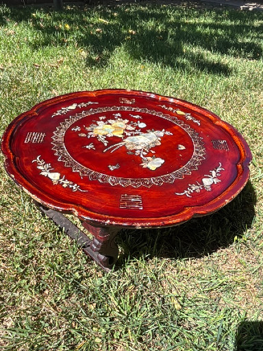 Chinese lacquered wood low table with mother-of-pearl inlay depicting birds and flowers