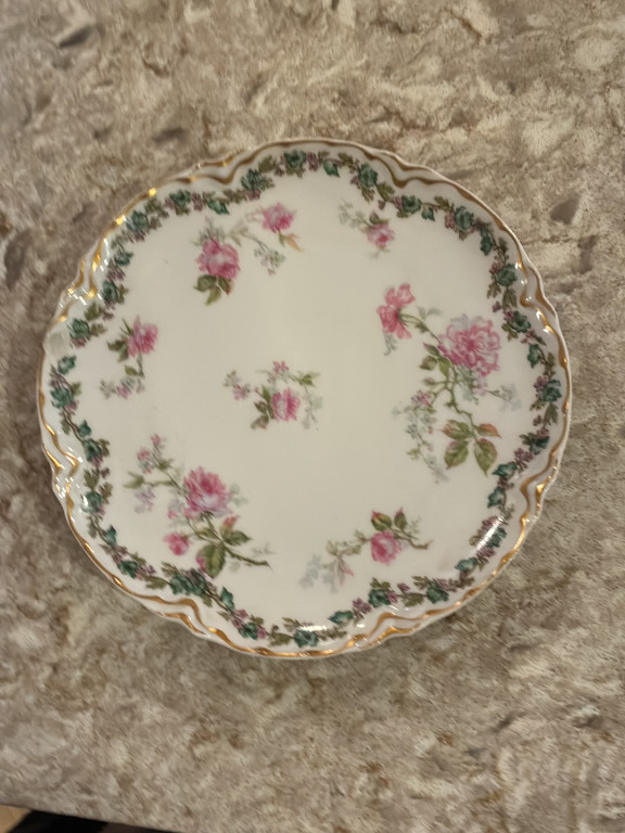 Porcelain plate with pink rose decoration and green floral border by Haviland Limoges