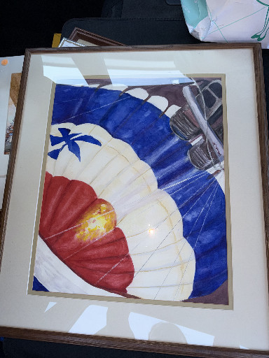 Original acrylic painting titled 'Welcome Home Integrity' depicting a hot air balloon with American flag colors