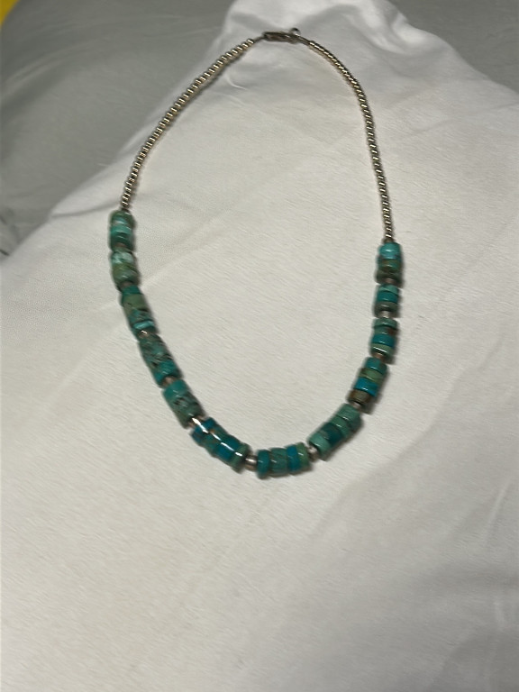 Turquoise and sterling silver heishi bead necklace