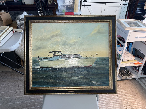 Oil painting on canvas depicting a mid-century cabin cruiser motorboat at sea