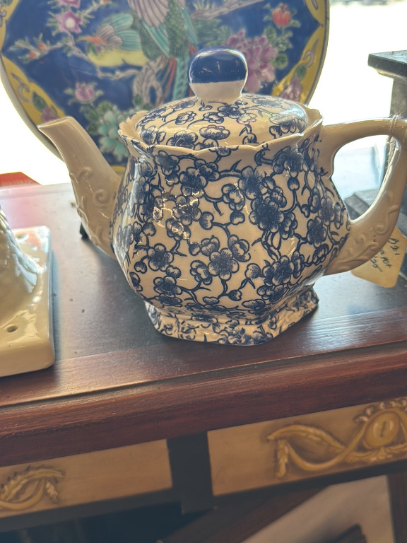 Ceramic teapot with blue floral chintz pattern, likely by Arthur Wood or similar English pottery maker