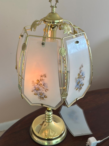 Brass and frosted glass touch lamp with floral transfer pattern